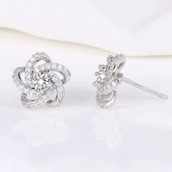 Sterling Silver Flower Stud Earrings, Post Earring - Picture 3 of 6